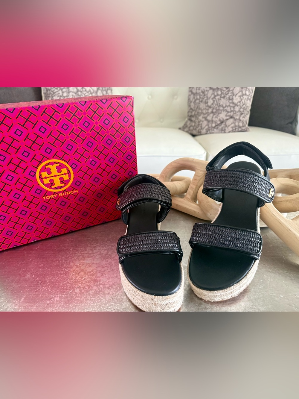 Tory Burch Black Woven Raffia Platform Espadrille Sandals 6M NWOT